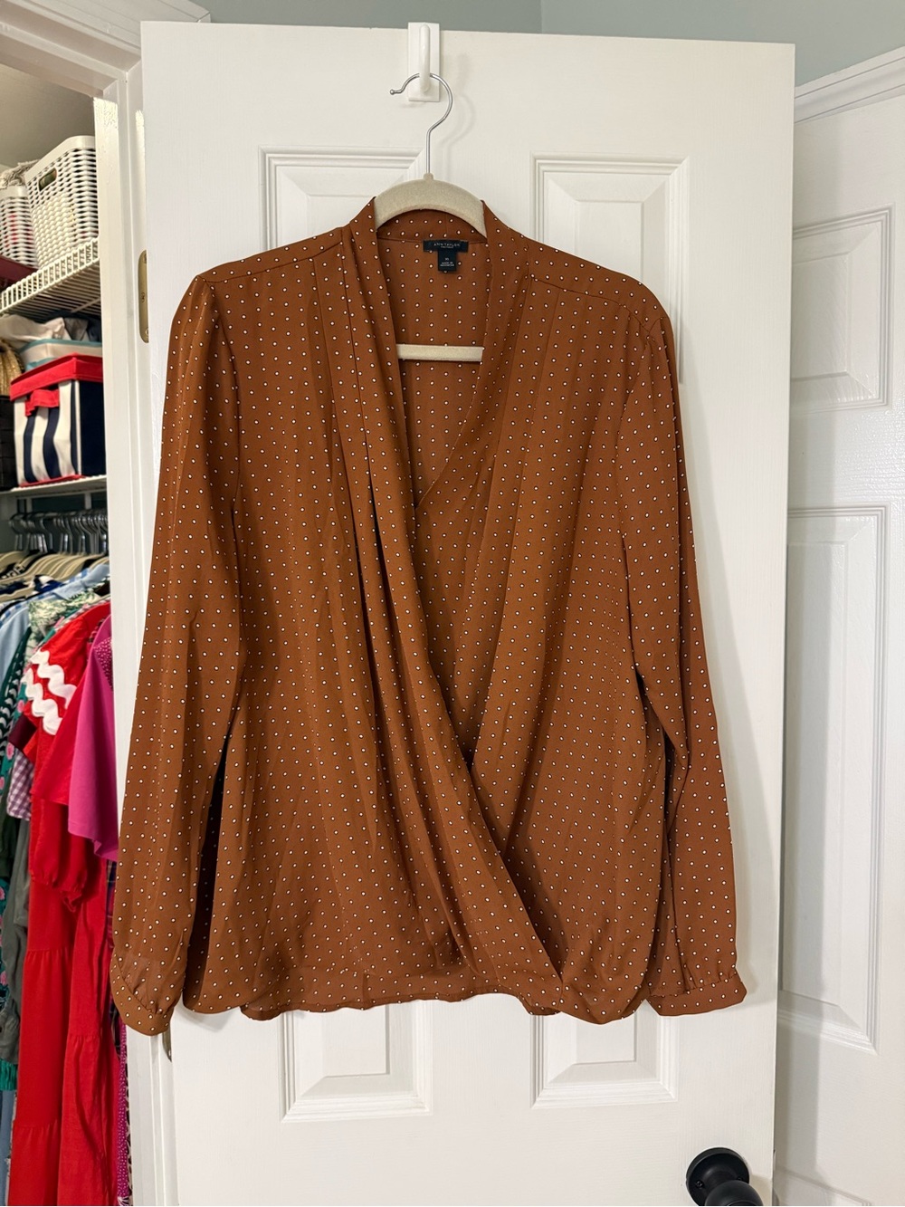Ann Taylor Rust Wrap Blouse with White Polka Dots